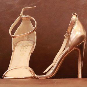 Truffle Collection, open toe, ankle strap copper stilettos